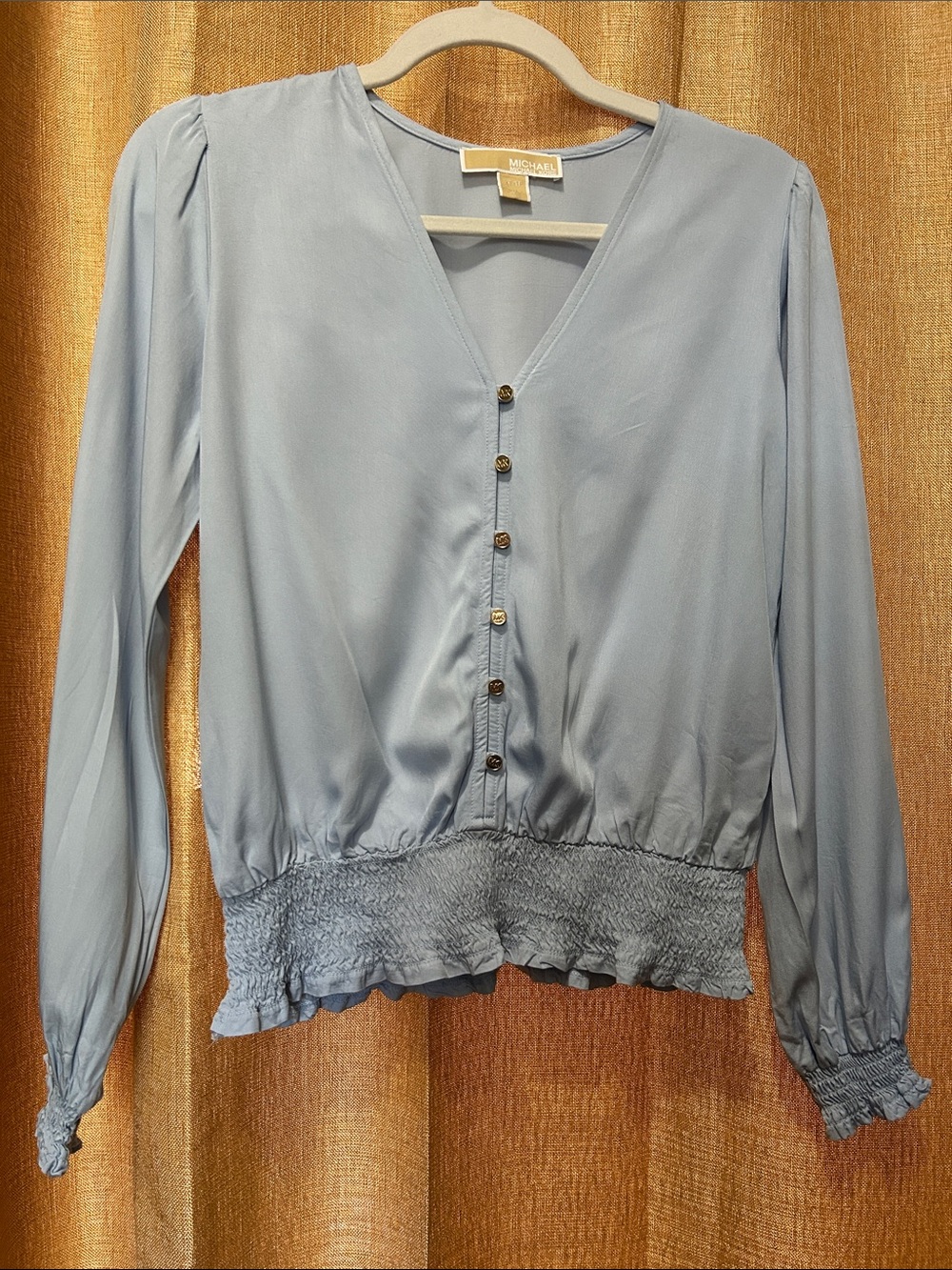 Michael Kors Light Blue Button-Front V-Neck Blouse with Smocked Waist